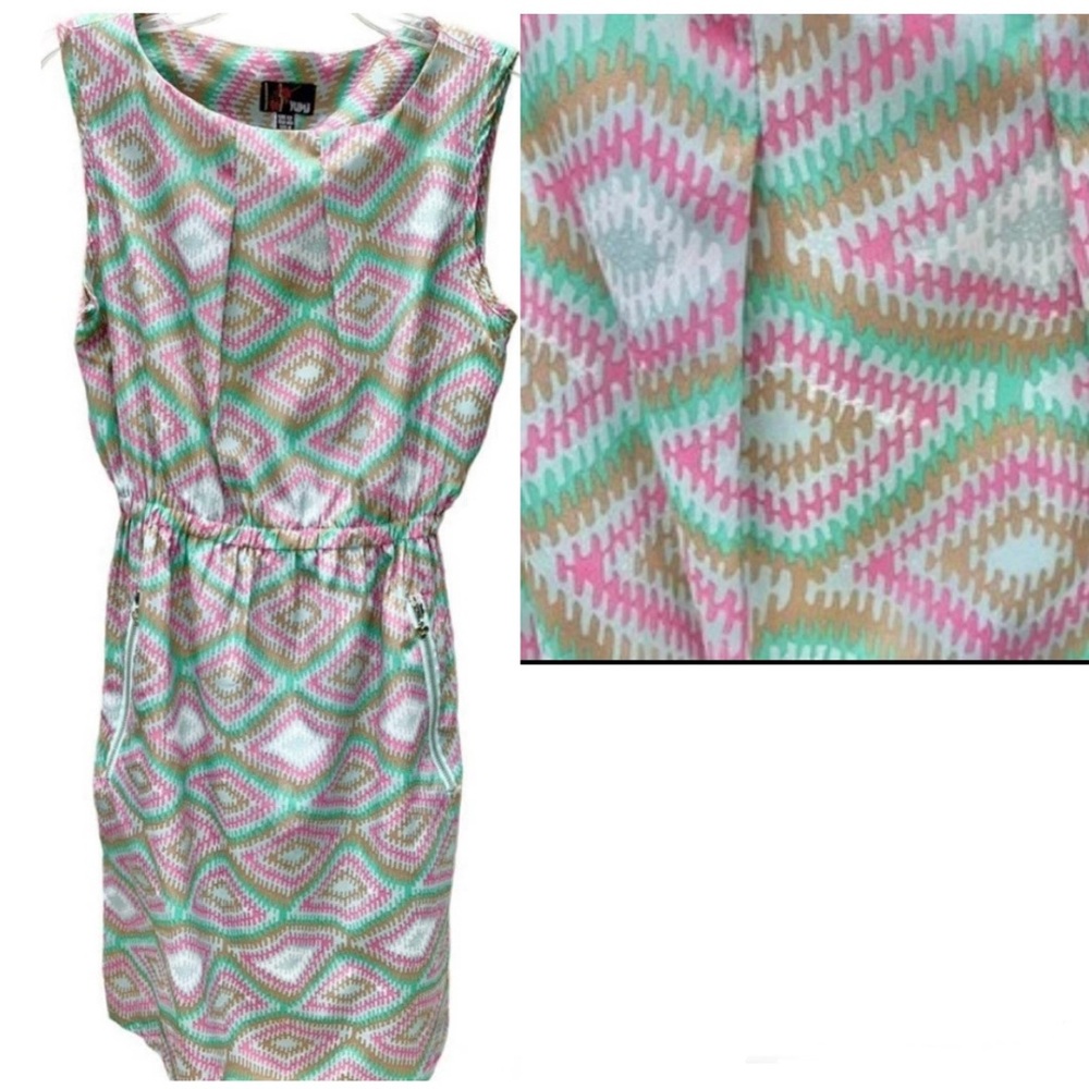 Anthropologie YUMI Pink Green Grey Geometric Pockets Dress Size 8 - Picture 2 of 7